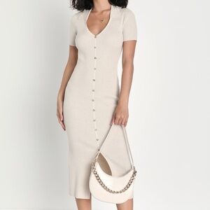 Lulus Excellent Energy Beige Ribbed Knit Collared Midi Dress - Size S